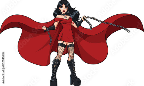 Gothic fantasy woman in red cape, fishnet stockings, high boots, chains, dark hair, bold fashion, powerful character design, dramatic pose