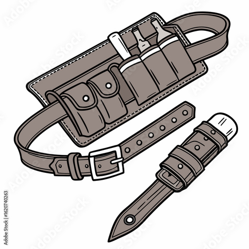 Leather utility belt with pouches and knife sheath