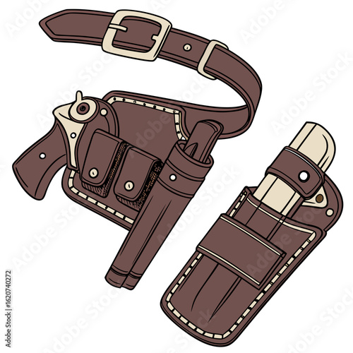 Western style leather gun holster and knife sheath with belt