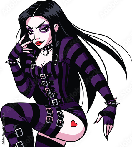 Gothic Style Female Character Illustration, Purple Black Striped Outfit, Heart Tattoo, Alternative Fashion, Edgy Pose, Dark Aesthetic Digital Design