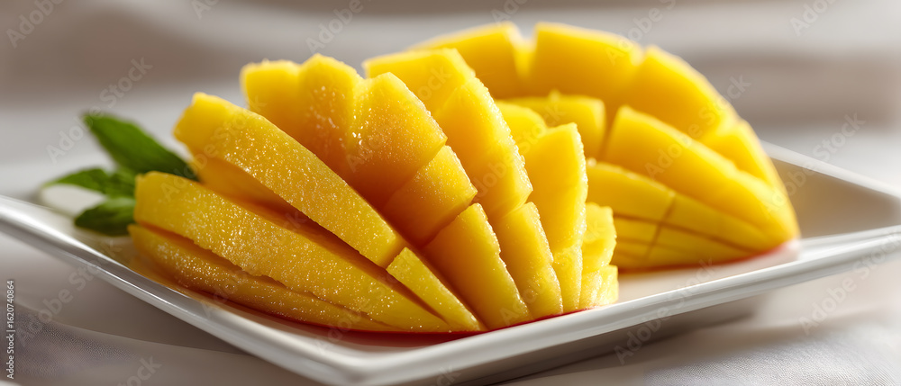 Fresh Juicy Mango Slices on a White Plate Ready for a Summer Snack Fresh Juicy Mango Slices on a White Plate Ready for a Summer Snack