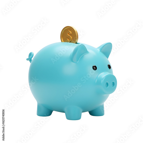 Blue piggy bank with coin, isolated on a transparent background 3d rendered, isolated on transparent background
