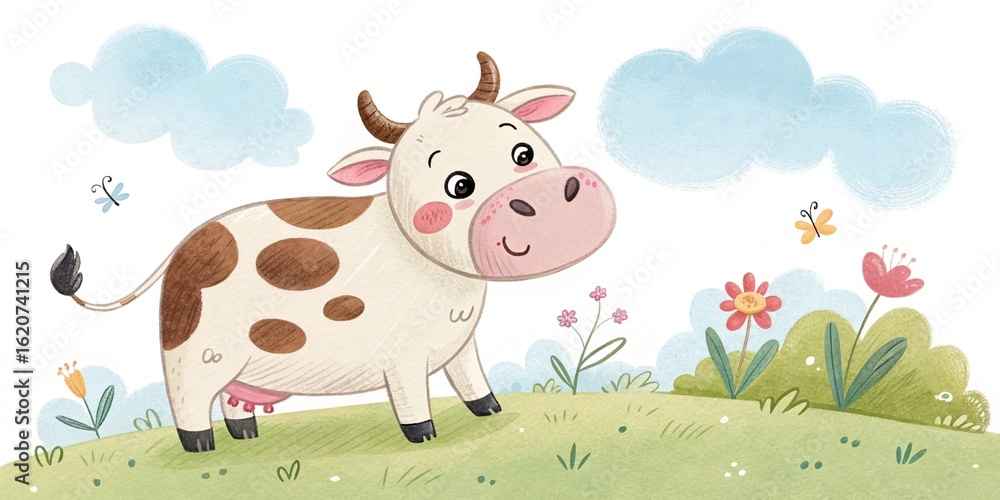Obraz premium Cartoon watercolor illustration of cow. Animal clipart illustration.
