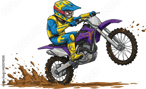Motocross rider performing wheelie on dirt bike, vibrant gear, extreme sports action, off-road adventure, high-speed stunt, muddy dynamic illustration