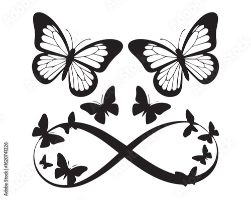 Stylized Butterfly Vector Illustration with Infinity Symbol and Flying Butterflies – Elegant Black and White Silhouette Design Representing Eternal Beauty and Freedom in Nature

