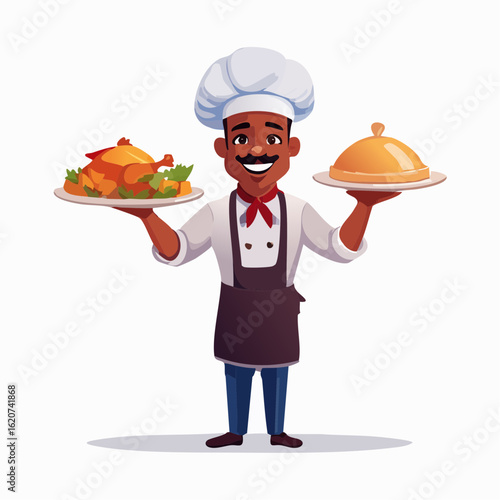 Chef and Culinary Delights: A smiling chef proudly presents a beautifully plated roasted chicken and a covered dish, exuding warmth, skill, and the promise of a delicious meal.