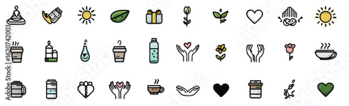 Wellness and Sustainability Icons Collection for Eco Friendly Lifestyle and Healthy Living Representing Natural and Organic Products