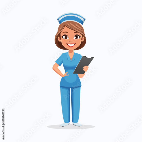 Dedicated Nurse with Clipboard: An illustrative rendering of a dedicated and compassionate nurse in a uniform, holding a clipboard. A symbol of healthcare and providing patient care. 