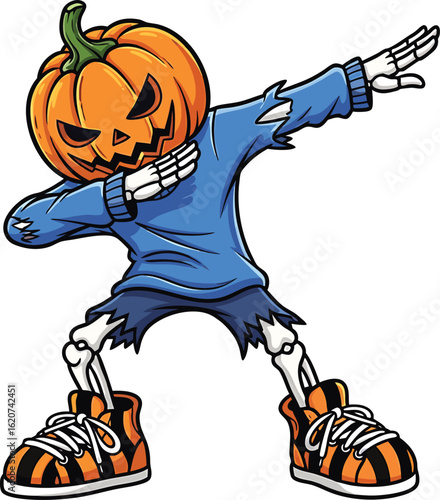 Cartoon illustration of a dab dancing jack o lantern wearing halloween costume