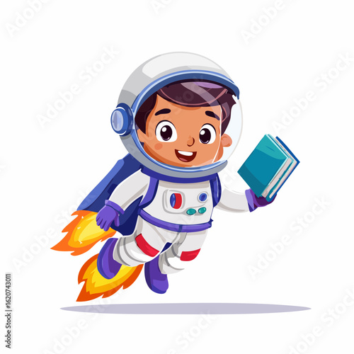 Astronaut Boy with Book: A young, cheerful astronaut, soaring through the sky with a book, embodying the limitless possibilities of imagination, exploration, and the quest for knowledge.