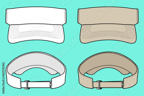 Tennis and Golf Outdoor Sports Visor Hat Colorway Set Fashion Flat Sketch Technical Drawing CAD Mockup. 