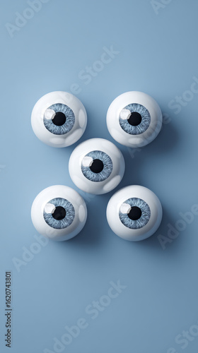 Five spooky eyeballs with blue iris on a blue background for halloween