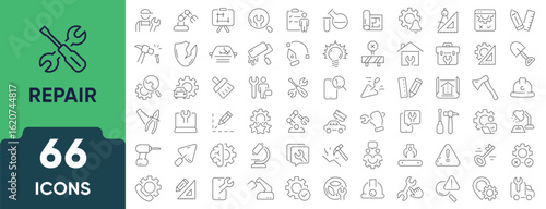 Repair, Maintenance, and Construction line icon set. Includes 66 outline icons representing tools, fixing, service, home improvement, equipment, and building work. Editable linear icon collection.