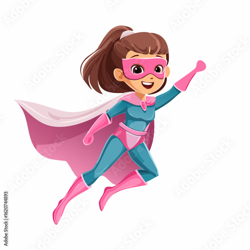 Superhero Girl: A dynamic, cartoon illustration of a young, empowered girl with a bright smile, embodying the spirit of heroism, soaring confidently.