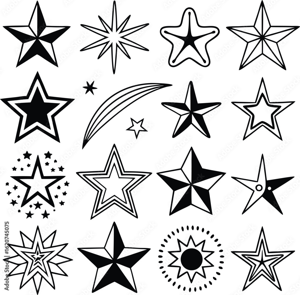 Obraz premium Collection of black and white star shapes and designs isolated on a white background