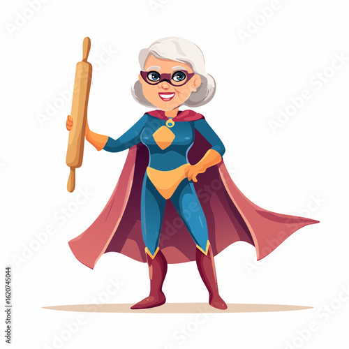 Super Grandma: A brave grandmother, dressed in a superhero costume, holds a rolling pin. Expressing the strength and love, she is ready to save the day!