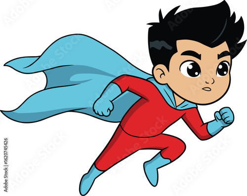 Superhero cartoon character running in red costume and blue cape, dynamic action pose for kids, energetic comic style illustration, animation