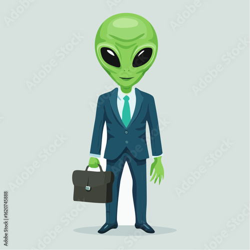 Alien in a Suit: A sophisticated extraterrestrial, sporting a sleek suit and briefcase, poses with a hint of intrigue against a muted backdrop.
