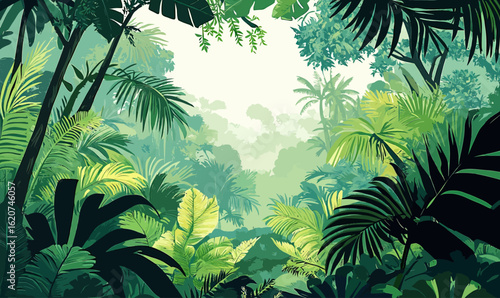 Lush tropical rainforest canopy with diverse green foliage plants and palm leaves in flat minimalist vector style vibrant jungle ecosystem background illustration