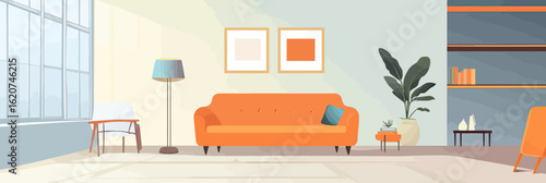 Modern living room interior with orange sofa, large window, floor lamp, indoor plants, framed wall art, minimalistic cozy home design with light colors and natural sunlight