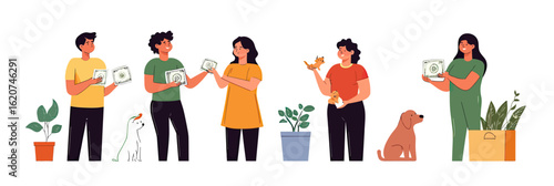 Group volunteers collecting donation money, caring for pets, and planting greenery in flat minimalist style illustration