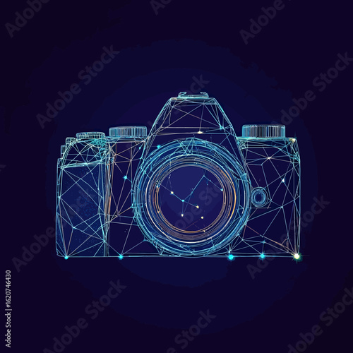 Digital wireframe illustration of vintage camera with polygonal lines and glowing dots on dark background technology photography concept vector art