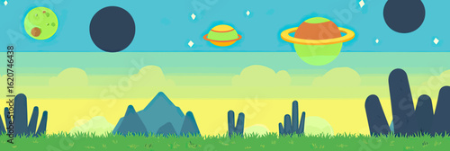 Colorful cartoon alien planet landscape with grass cacti mountains multiple planets and stars in minimalist flat vector style background for game design
