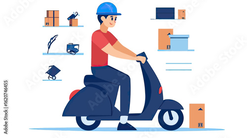 Delivery man riding blue scooter with helmet carrying cardboard packages in flat minimalist style vector illustration for courier service concept