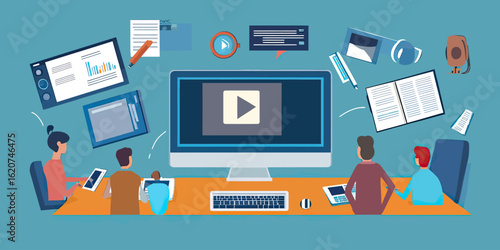 Group of diverse people attending online learning meeting using computers tablets and digital devices in modern office environment vector illustration