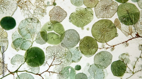 Green algae and leaves creating an abstract pattern on white background