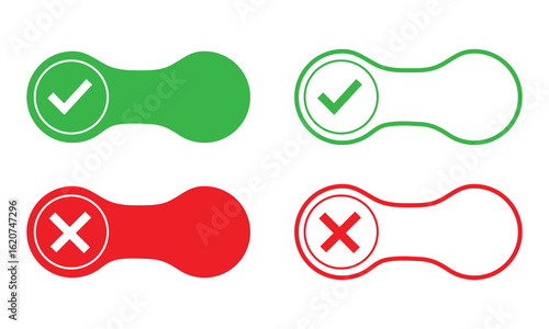 Yes no icon. On off switch vector set. Green yes icon. Red no icon. Green on sign set. Red off sign set. Isolated yes no vector icons. Vector illustration. EPS 10 .