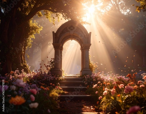 Magical Garden Archway with Sunlight Beams and Blooming Flowers