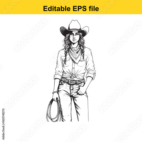 Vector art of woman cowboy with rope isolated on white background