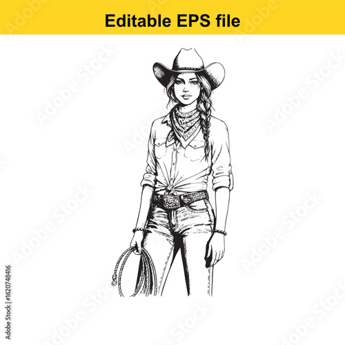 Vector art of woman cowboy with rope isolated on white background