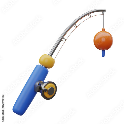 Cartoon fishing rod with orange bobber isolated on transparent background