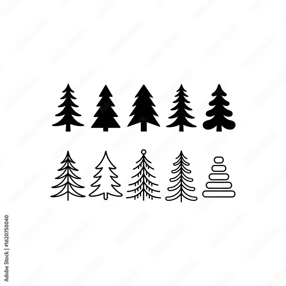 Obraz premium Collection of black and white pine tree and stacking ring icons fir tree evergreen