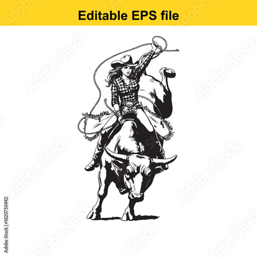 Vector art of cowgirl on bull with lasso isolated on white background