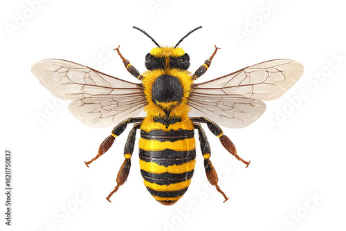 A detailed close up of a bee with yellow and  black stripes and wings isolated on transparent background