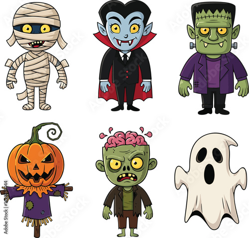 Cute and colorful halloween monsters characters collection for holiday design and decoration