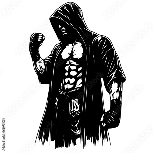 Muscular fighter in hooded robe