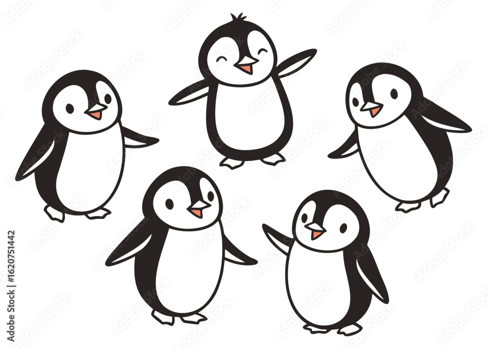 Fototapeta premium Five Cute Cartoon Penguins Waving and Smiling on White Background illustration animal