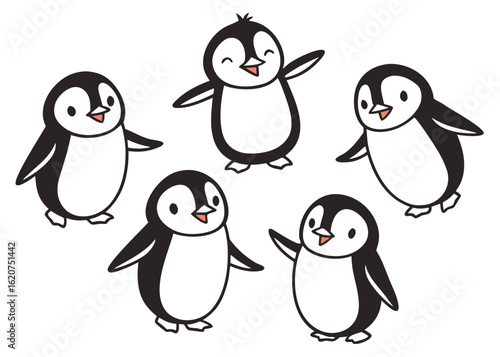 Five Cute Cartoon Penguins Waving and Smiling on White Background illustration animal