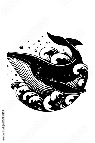 Whale breaching in waves isolated on white background