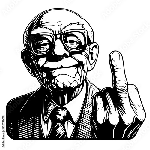 Old man giving middle finger isolated on white background