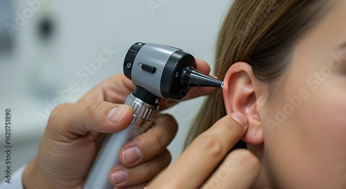 Doctor examining patient's ear with otoscope for medical checkup and diagnosis