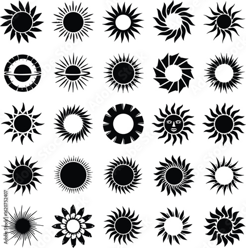 Diverse collection of black and white sun vector illustrations showcasing different creative designs