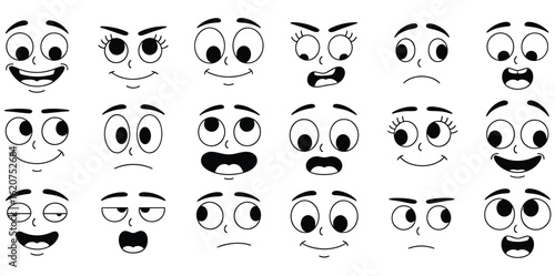 Collection of Expressive Cartoon Faces vector.Emotional Vector Icons & Funny Doodle symbol.Cartoon Face vector illustration isolated on white background