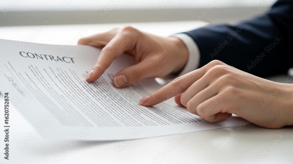 Professional Hands Carefully Reviewing and Pointing at Clauses in a Legal Business Contract Document