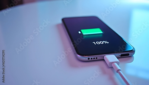 A smartphone is fully charged and connected with a white charging cable on a white surface.