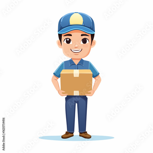 Delivery Professional: A cheerful delivery professional stands holding a cardboard box, offering fast and reliable service with a friendly smile.
